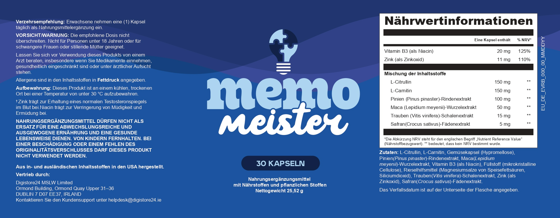 MemoMeister supplement facts label — full ingredient list